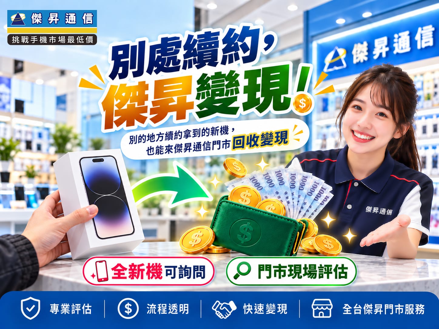 「別處續約 傑昇變現」：門號照續、全新未拆封6天內手機換現金
