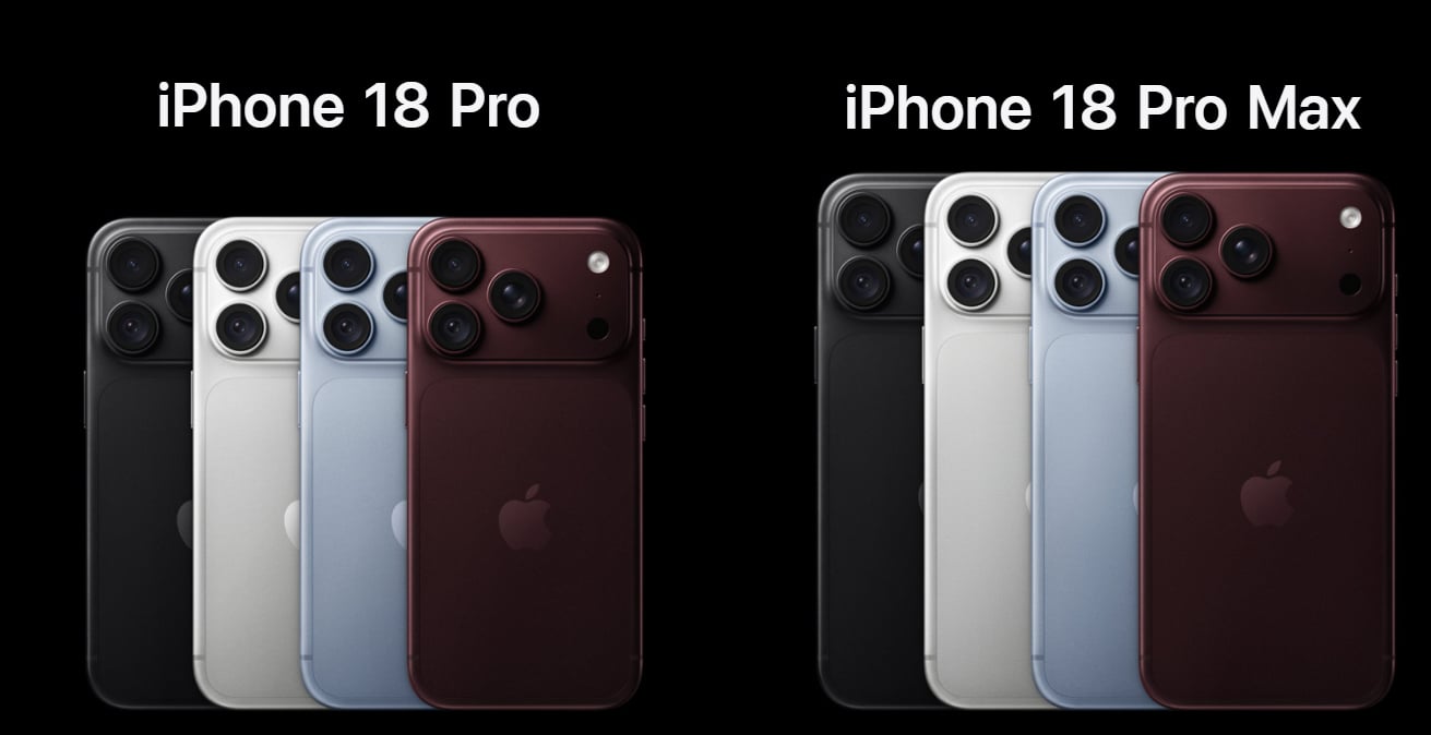 iPhone 18 Pro系列外觀設計展示,全新冰川藍、勃根地紅配色。