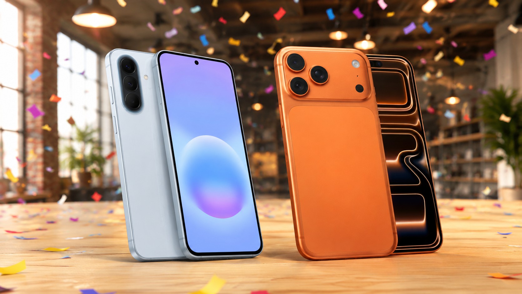 Samsung A57與iPhone 17 Pro Max擺放於木桌上,搭配繽紛彩帶與溫暖燈光,呈現新店開幕慶祝氛圍