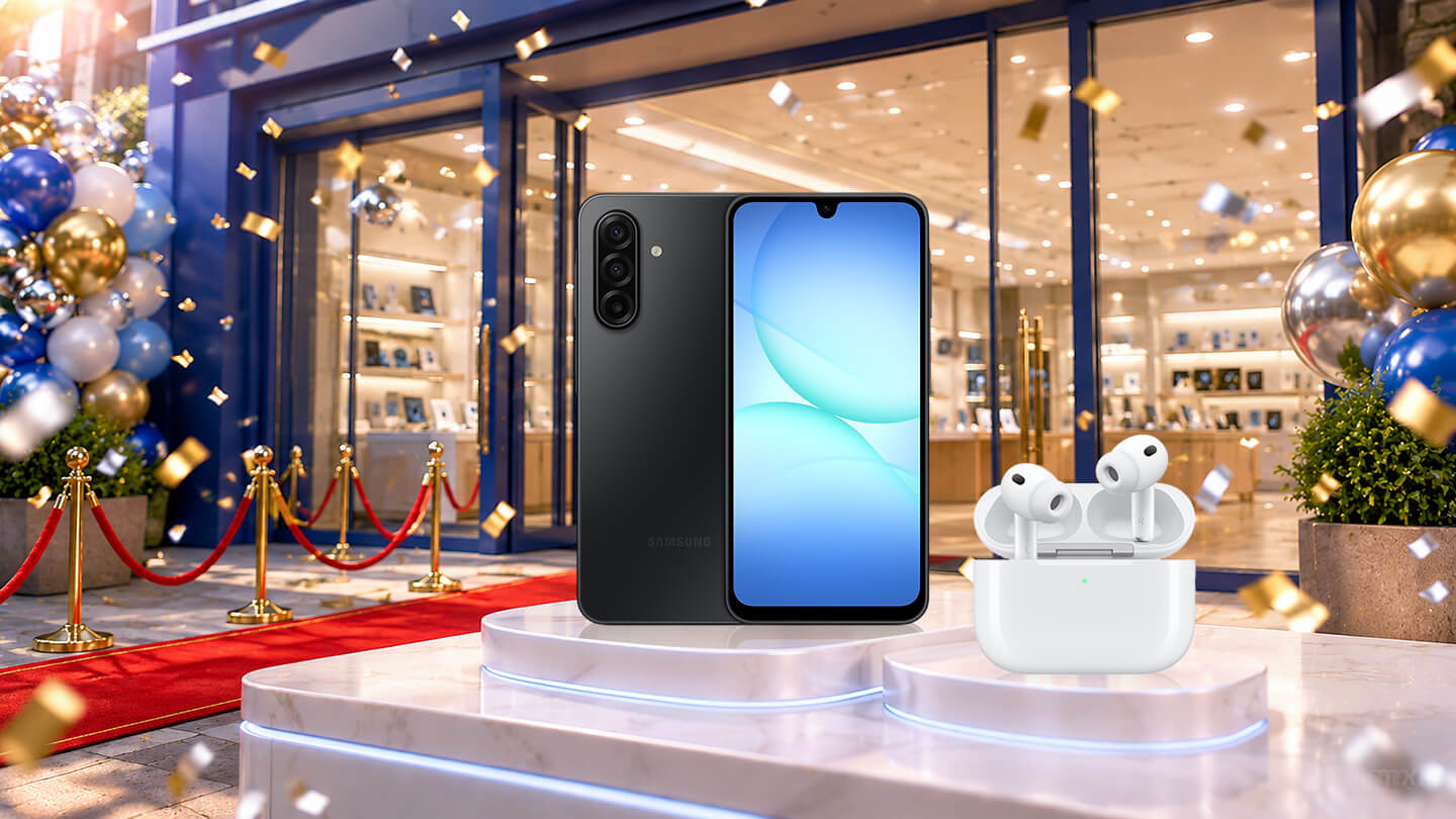 三星 A07 黑色手機與 AirPods Pro 3 陳列於開幕慶祝店面櫃檯,背景有金銀紙屑與氣球裝飾。