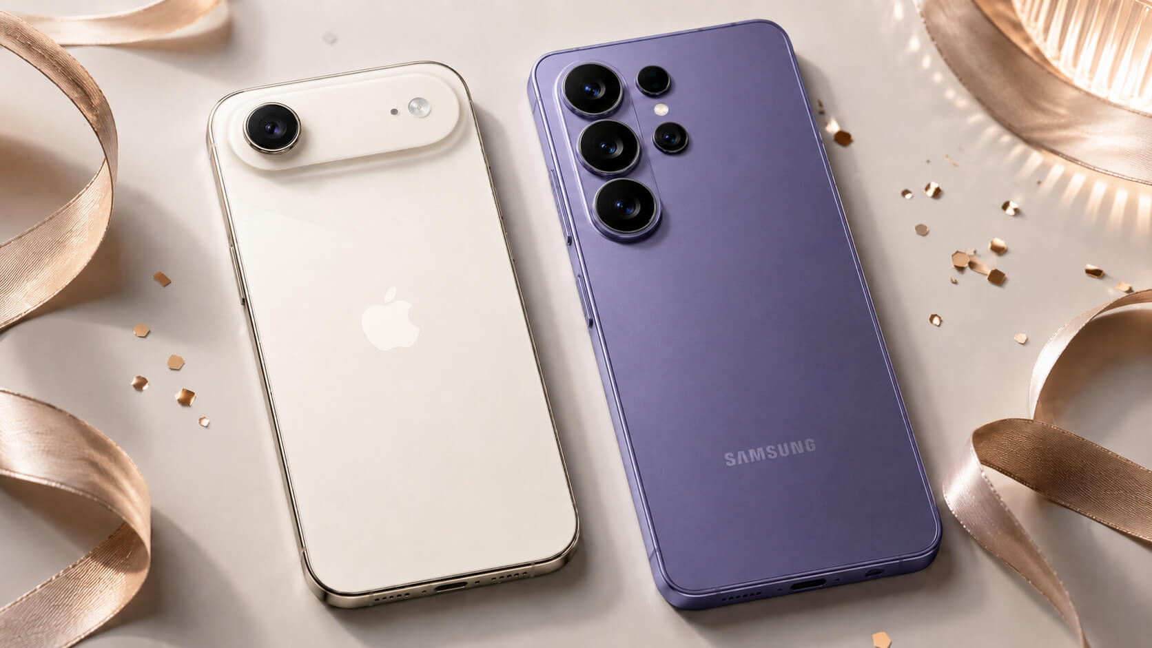 iPhone Air 與 三星 S26 Ultra 旗艦手機平鋪攝影，搭配緞帶禮盒展現年中慶手機優惠活動氛圍