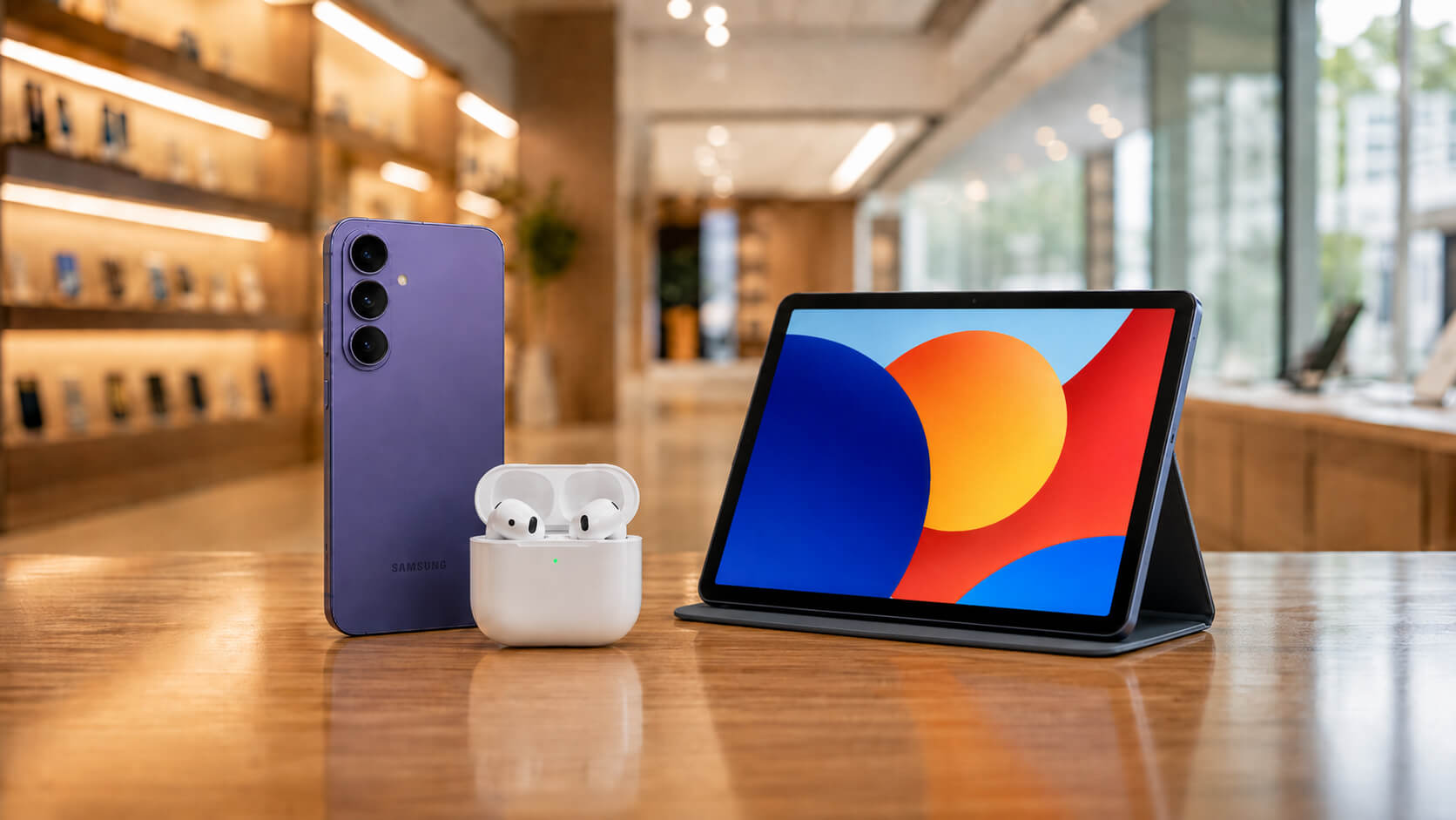 三星 S26 漫遊紫智慧型手機、AirPods 4 無線耳機與 Redmi Pad SE 8.7 擺放在木質桌面上