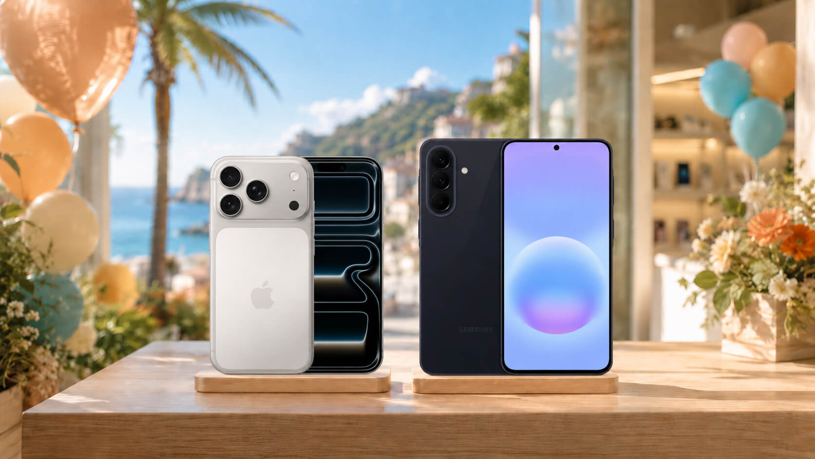 iPhone 17 Pro 與 三星 A57 並排展示在木質展示台上，背景為夏日海邊風格門市開幕布置