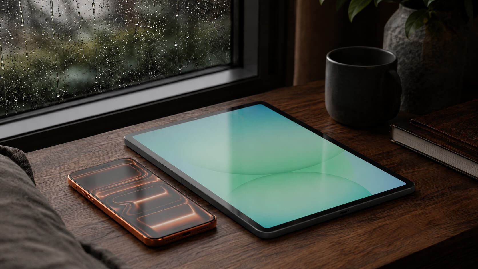三星 Tab A11+ 與 iPhone 17 Pro Max 放置於雨天窗邊木桌上，呈現溫馨高質感 3C 生活場景