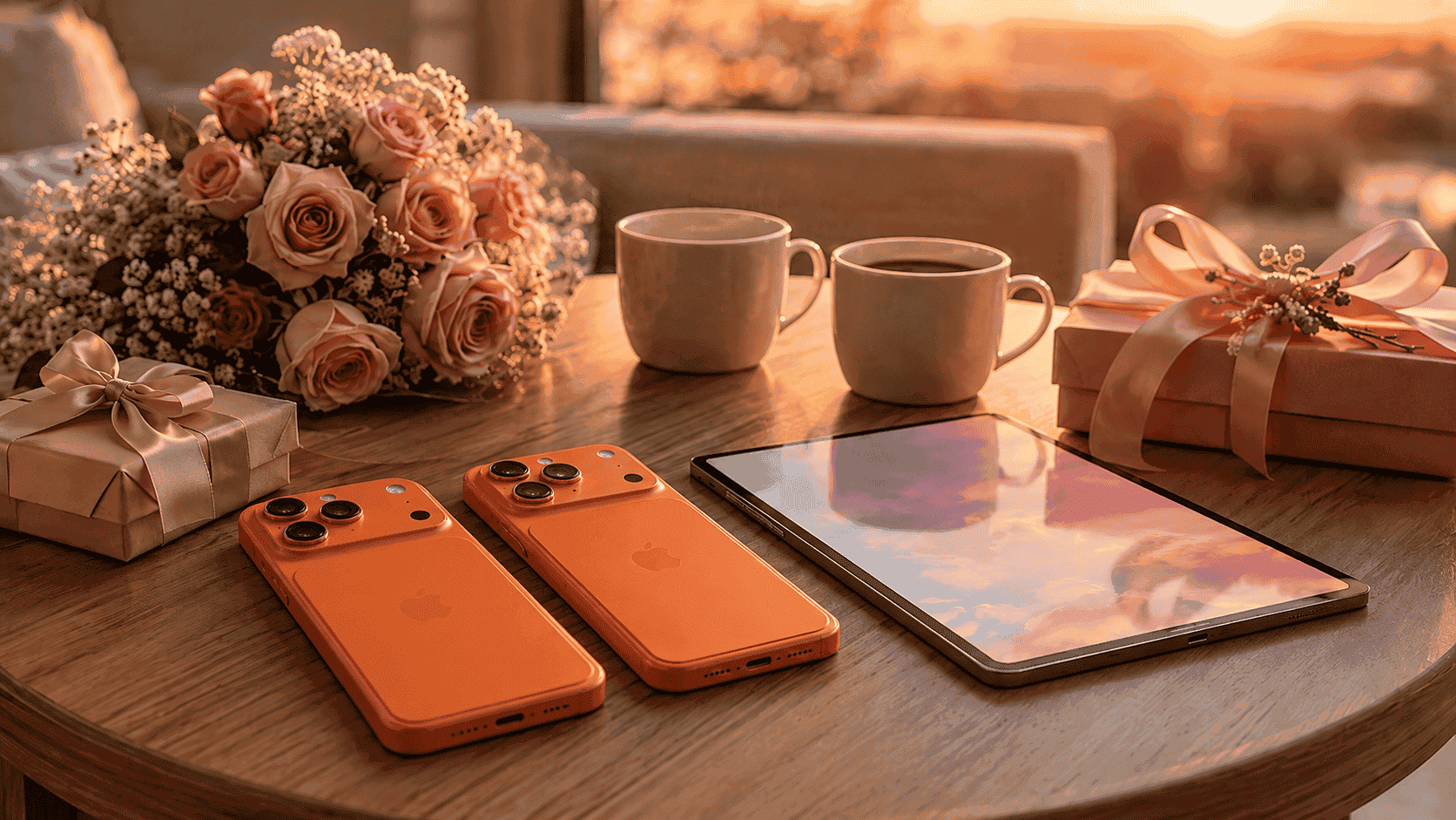 iPhone 17 Pro Max 橘色手機與平板放置在浪漫夕陽桌面,適合七夕手機優惠與送禮主題