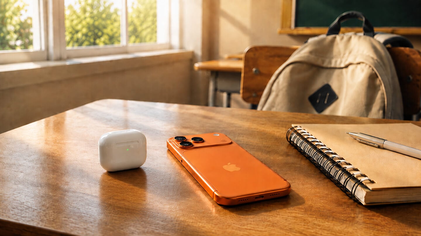 陽光灑落的大學教室木質桌面,擺放 iPhone 17 Pro Max 、airpods 4 與筆記本,背景可見書包與教室座椅,呈現溫暖自然的開學氛圍。