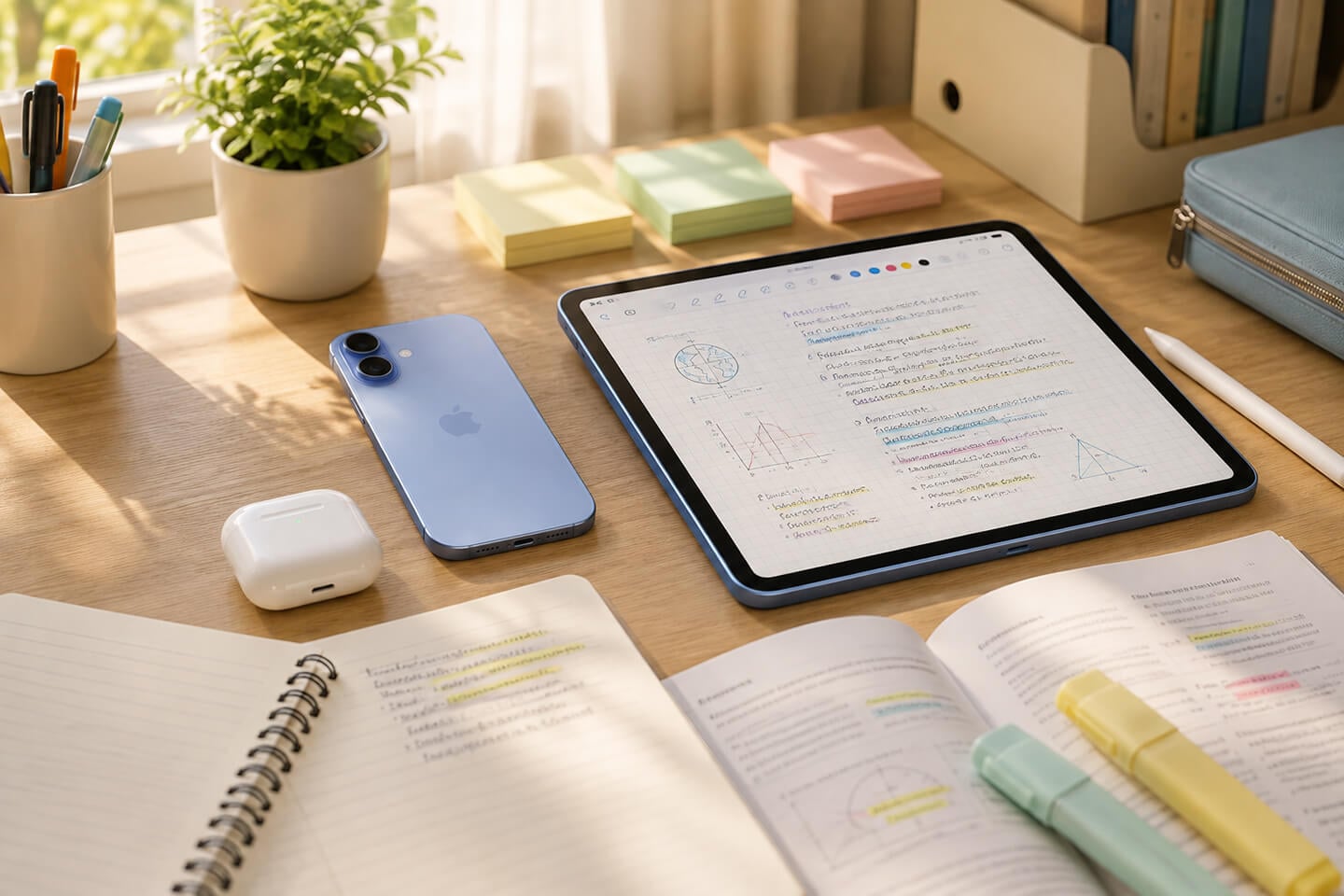 溫暖晨光灑落木質書桌，擺放藍色 Apple iPad 11 A16、霧藍色 Apple iPhone 17 與 Apple AirPods 4 藍芽耳機，搭配筆記本、課本與螢光筆，營造清新整齊的開學讀書情境。