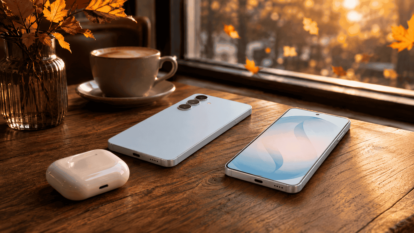 Samsung Galaxy S26+ 搭配無線耳機的秋日桌面情境圖,展現旗艦手機外觀與生活科技質感