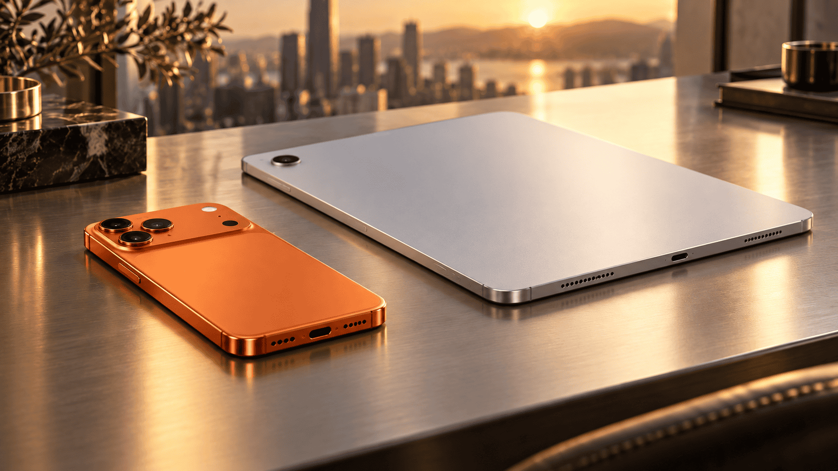 iPhone 17 Pro Max 與 Samsung Galaxy Tab A11 夕陽情境圖,展現橘色手機與銀色平板的高級科技風格