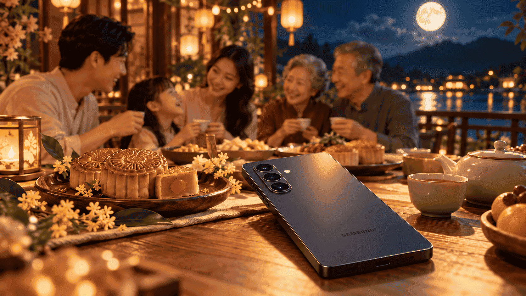 OPPO Reno16 幻白星球、三星 Galaxy S26+ 漫遊紫、Apple iPhone 17 Pro 宇宙橙色與 AirPods 4 新店開幕優惠展示。