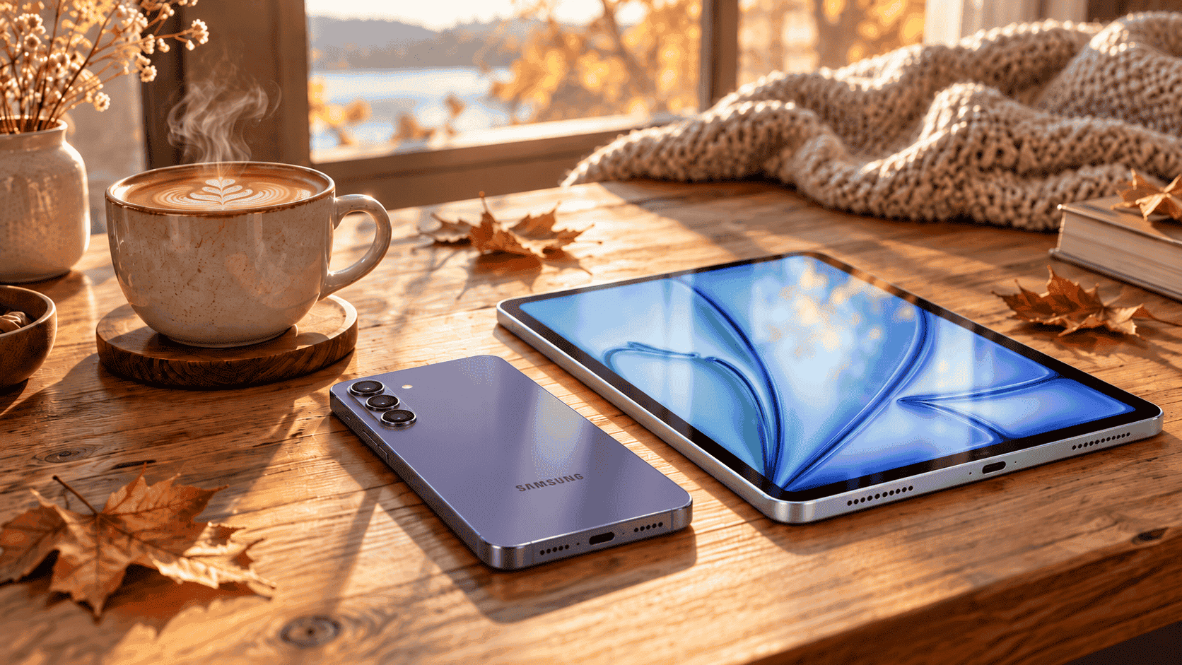三星 Galaxy S26 FE 與 iPad Air 11 M4 秋日情境圖,展現手機、平板與咖啡桌面的溫暖科技風格