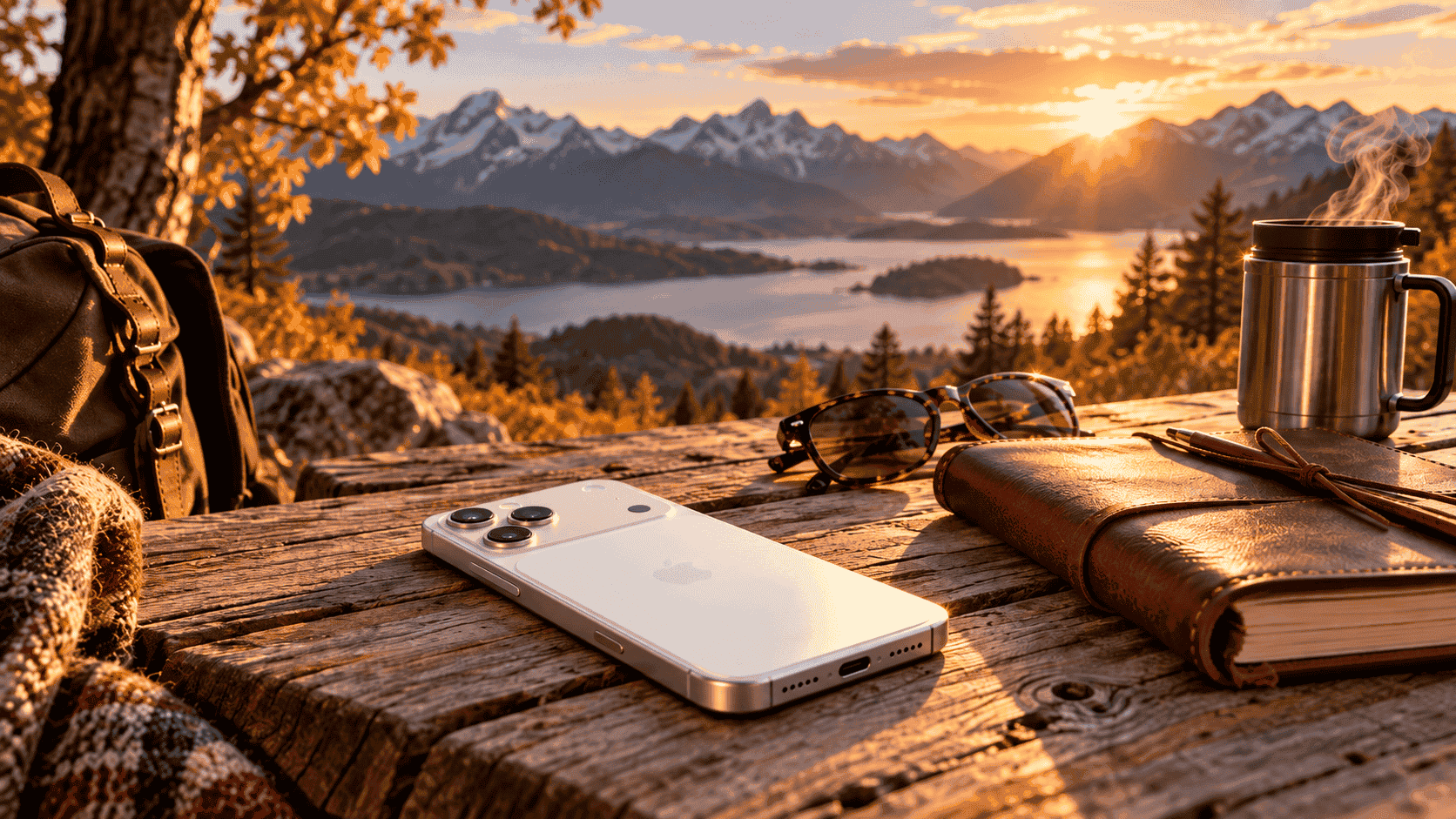 iPhone 17 Pro Max 秋日戶外情境圖,展現銀色旗艦手機與山景旅行氛圍