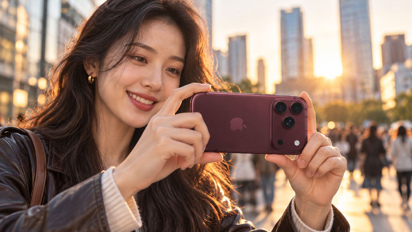 年輕亞洲女性手持勃根地紅色 Apple iPhone 18 Pro,在夕陽映照的城市街頭微笑拍照,展現手機攝影的生活情境。
