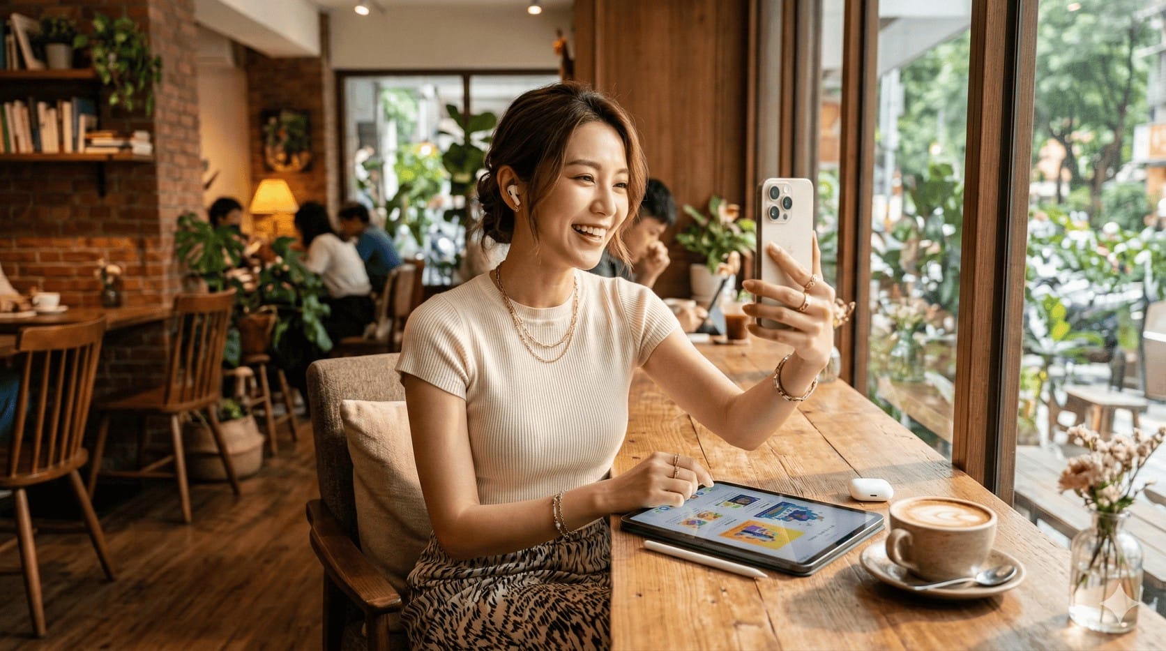 一位穿著時尚的女性在陽光充沛的咖啡廳裡,桌上擺放著 iPad 與咖啡,耳朵戴著 AirPods,正開心地拿著 iPhone 自拍,展現完整的蘋果生態系便利生活。