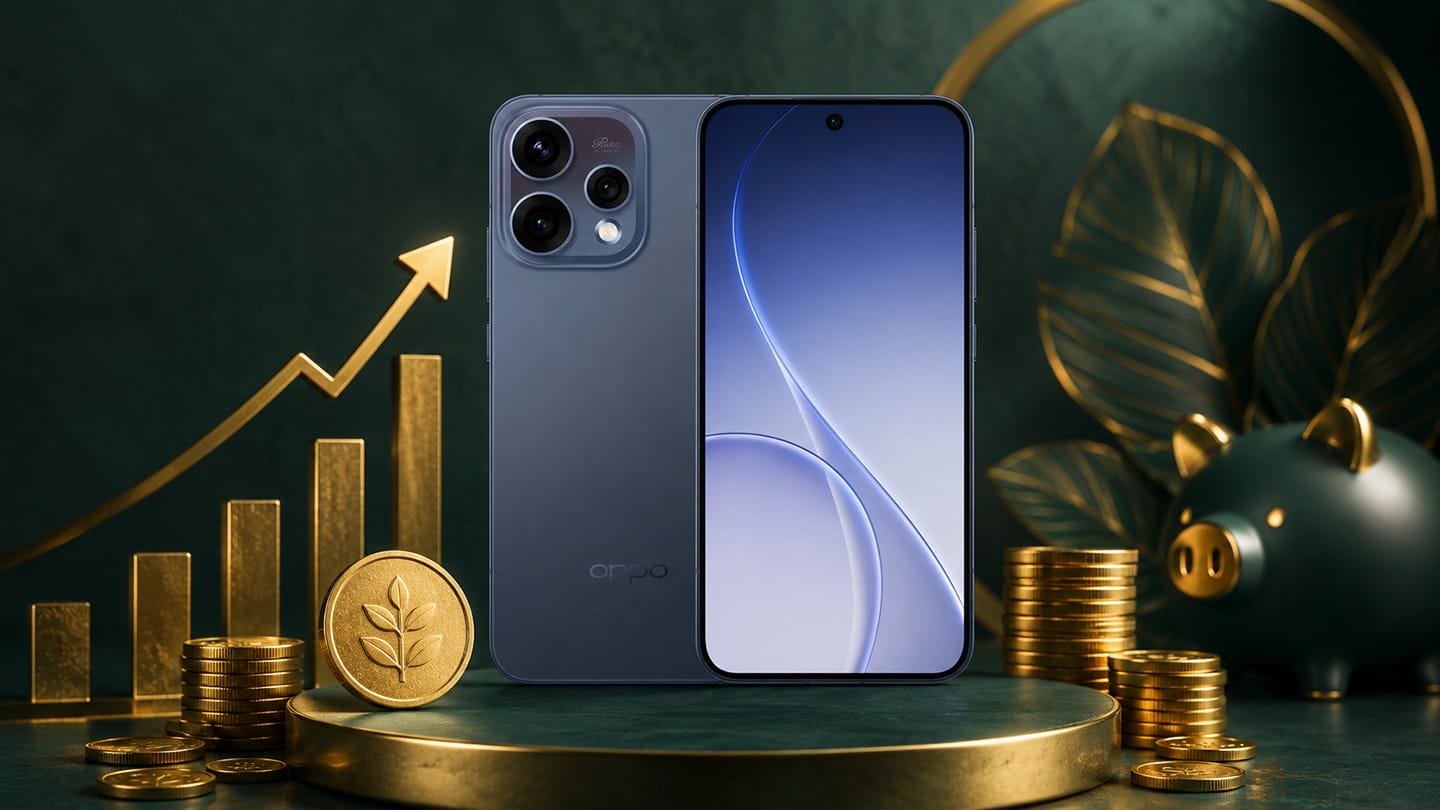 OPPO 智慧型手機如何幫你省錢理財?這張情境照展示了深灰色 OPPO 手機、成堆的金色硬幣、金色上升長條圖和豬豬儲蓄罐,象徵著智慧型手機與財富增長和存錢的結合。這是一張解答使用者『高 CP 值手機推薦』或『省錢智慧型手機方案』查詢的最佳情境圖。