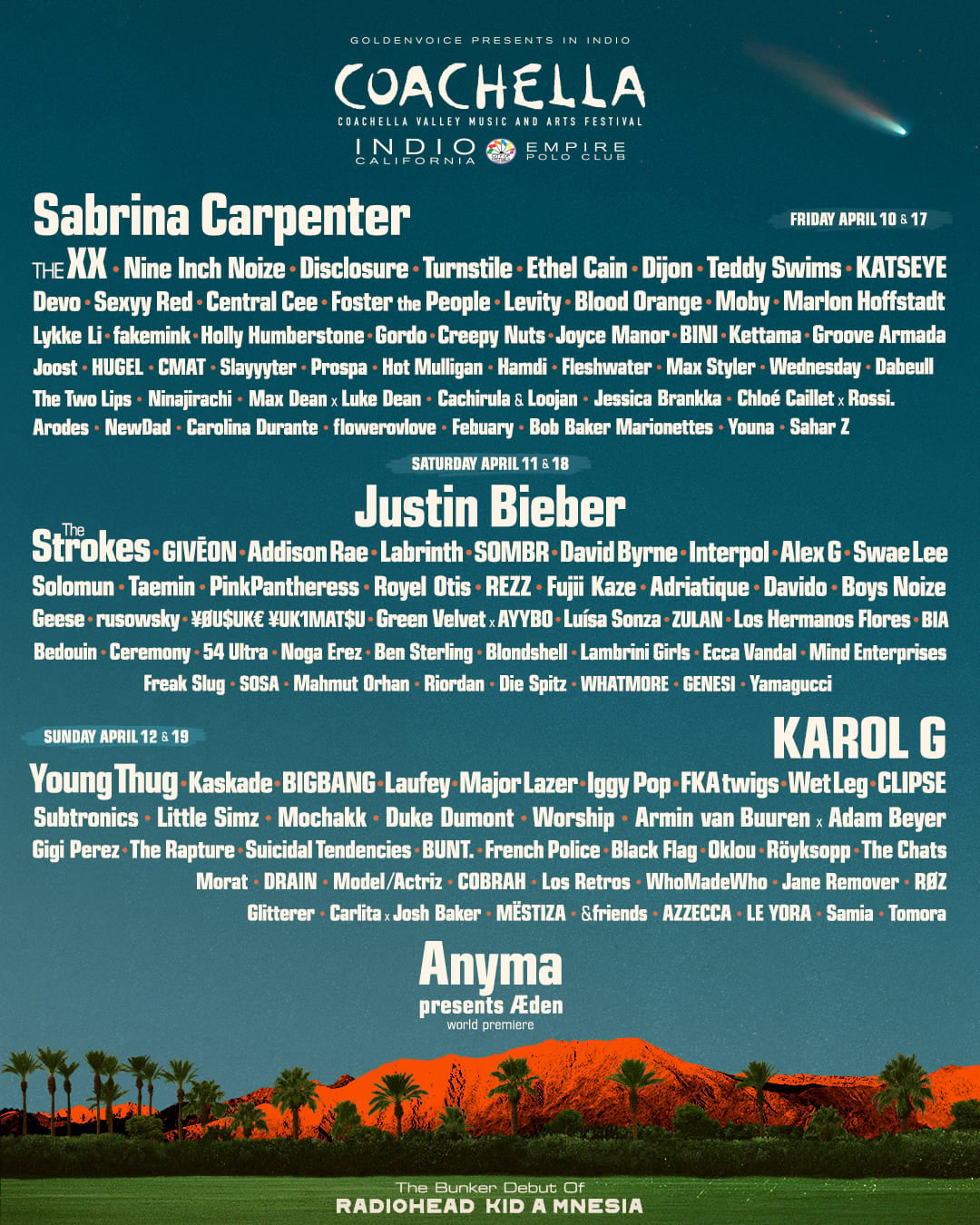 2026 Coachella 直播表演名單，包含 BIGBANG 與小賈斯汀。