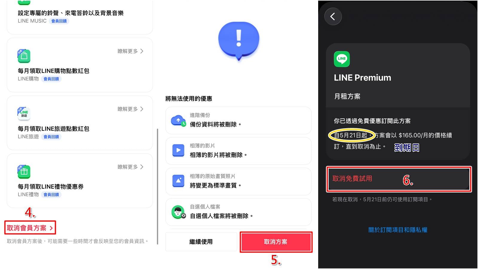 LINE Premium 取消步驟教學 3 到 5,完成退訂與方案中止。