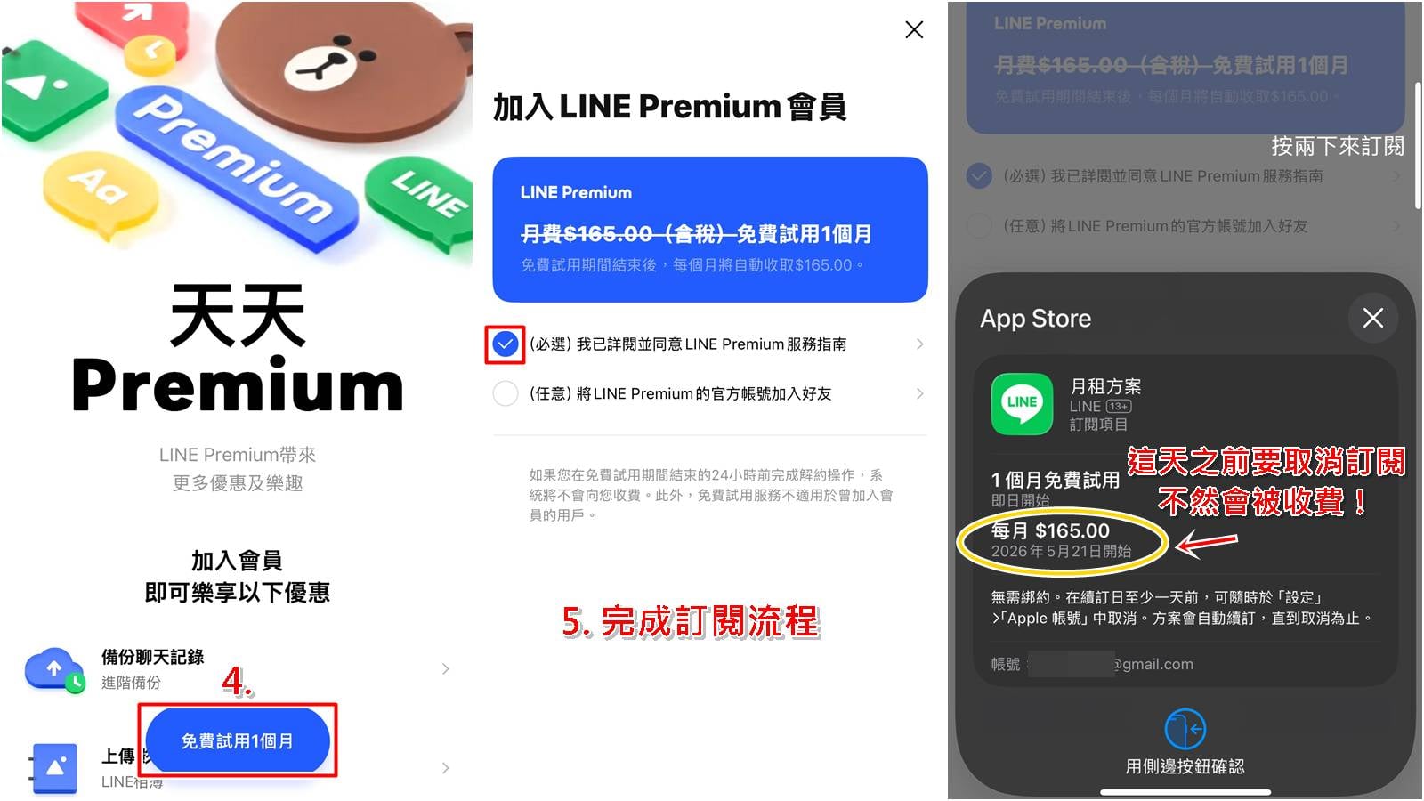 LINE Premium 免費試用教學步驟四至五,完成付款與訂閱。