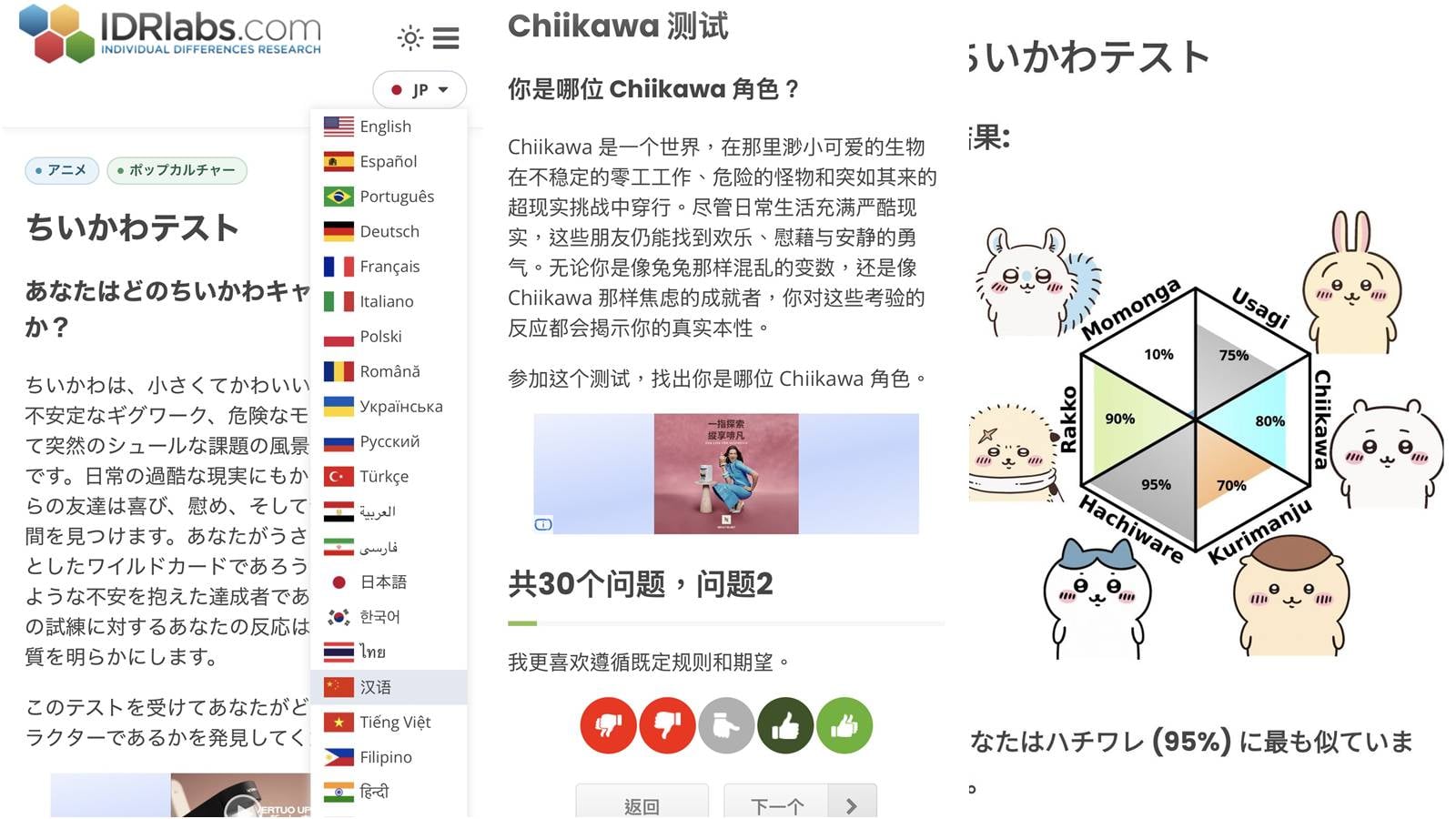 吉伊卡哇心理測驗二：分析報告結果顯示你的角色組成比例。