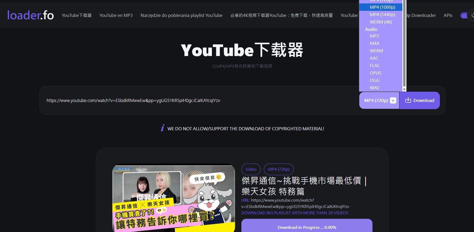 loader.fo 免費影片下載網站,支援多種畫質YouTube轉檔。