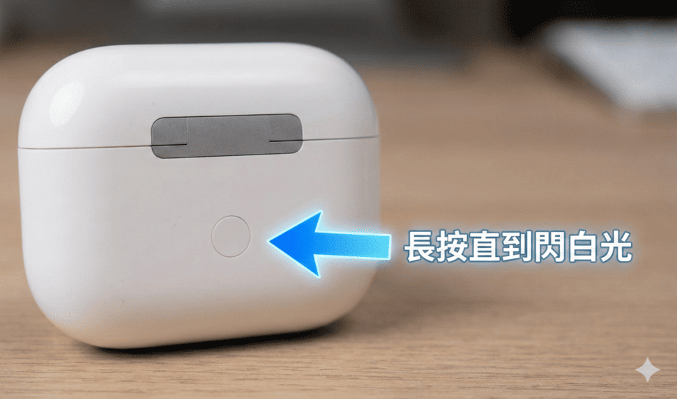 長按AirPods背面設定按鈕至閃白光進入配對模式教學。