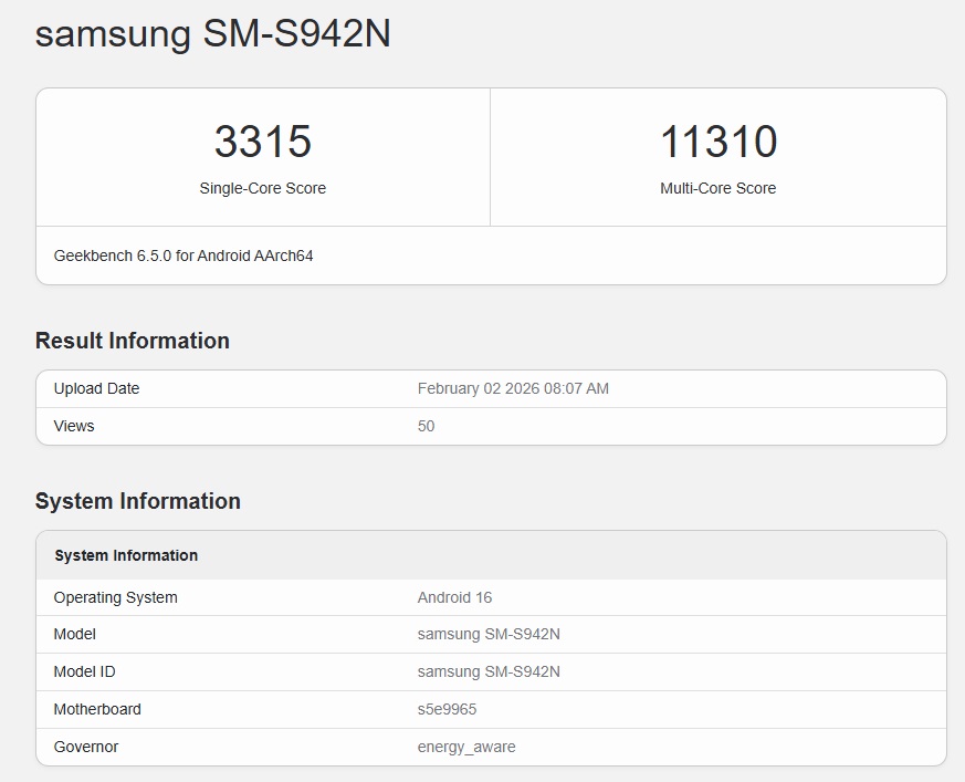 疑似韓版 S26 跑分,來源:GeekBench