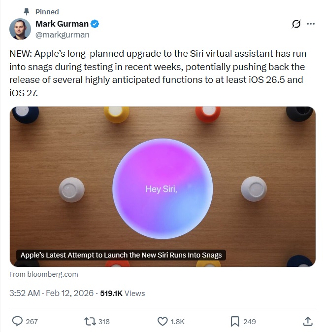 mark gurman 說明 siri 延誤