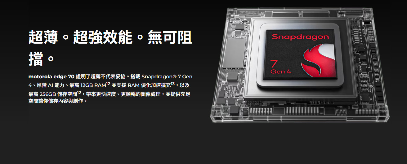 Motorola edge 70 採用高通 S7 Gen 4 處理器,支援高效能 AI 運算技術。