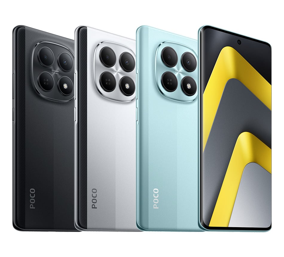 POCO M8 5G外觀設計與全色系展示，7.35mm超薄機身手感。