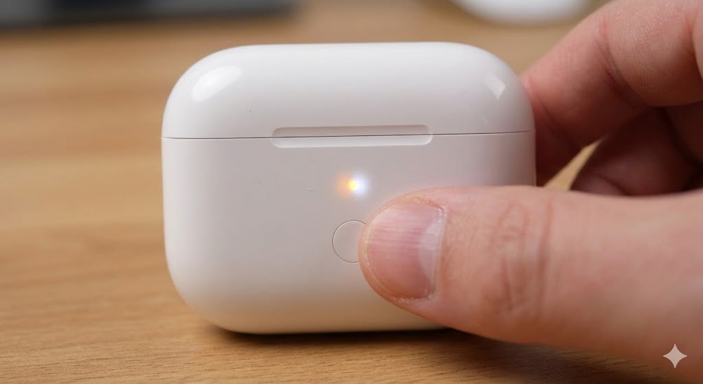 AirPods重置步驟:長按充電盒背面按鈕,直到指示燈從橘色轉為閃爍白燈。