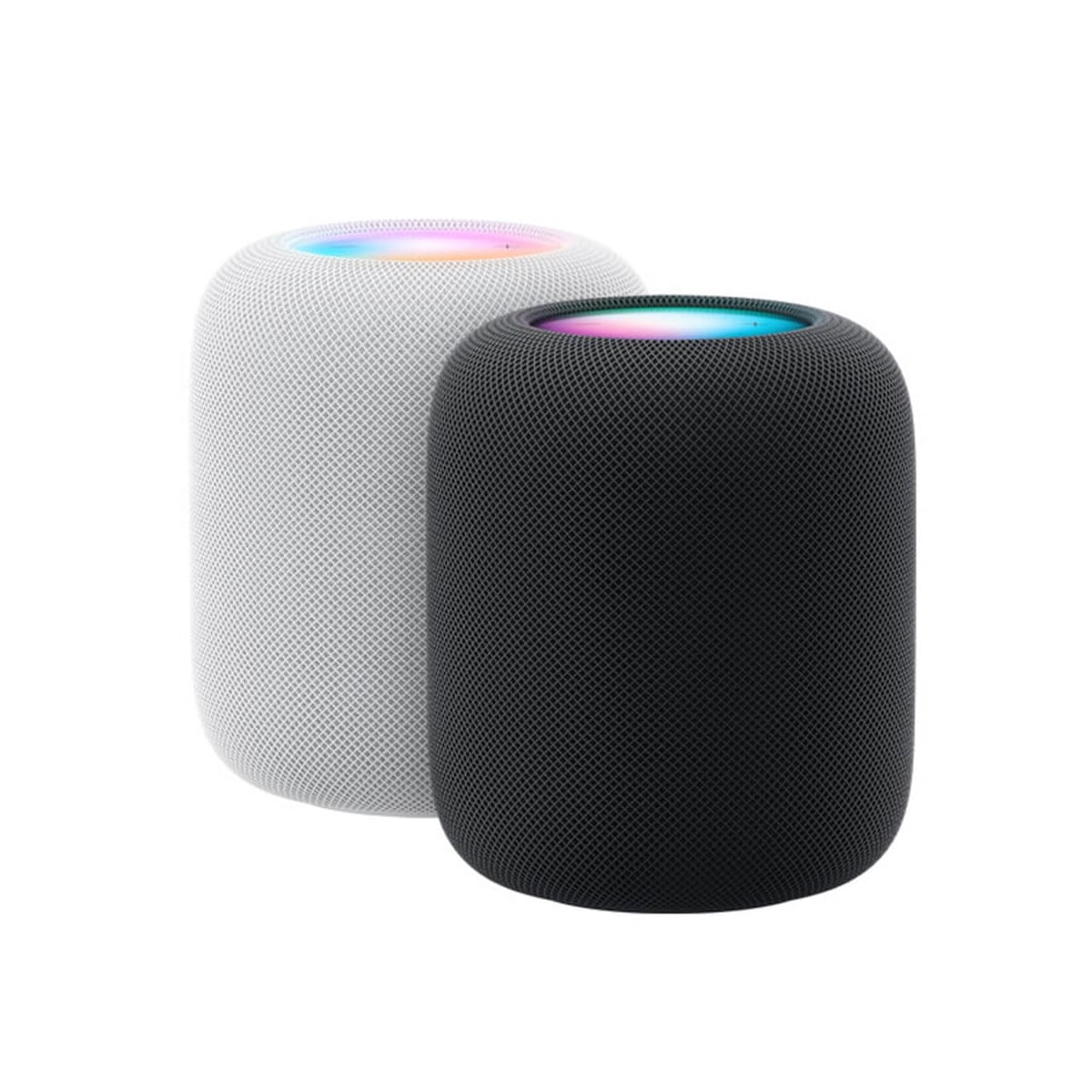 Apple HomePod  (第2代) 智慧音箱展示圖，白色與深色網狀圓柱機身並排，頂部顯示彩色光圈觸控區，雙色外觀對比呈現