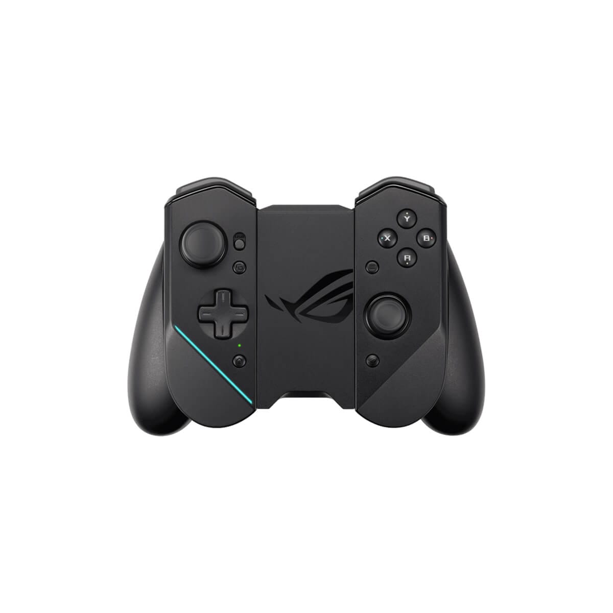 ASUS ROG Kunai Gamepad 遊戲控制器，黑色機身左右手把可拆式設計，中央 ROG 標誌，配置雙類比搖桿、方向鍵與多顆實體按鍵，支援行動裝置遊戲操作