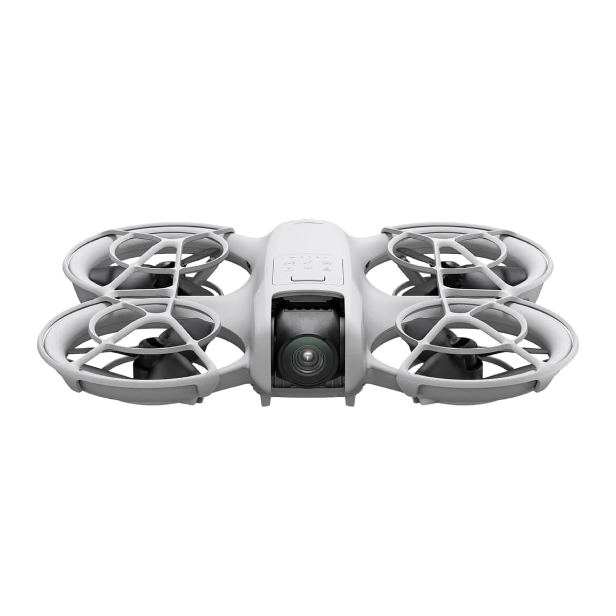 DJI Neo 空拍機，淺灰色機身，四組環形螺旋槳護罩設計，前置鏡頭置中配置，機身上方可見操作按鍵與指示標示