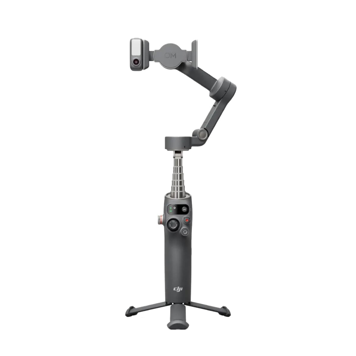 DJI Osmo Mobile 7P 手機穩定器，深灰色機身，三軸雲台結構，伸縮中軸與展開腳架底座，頂部手機夾具固定裝置