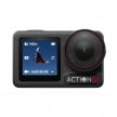 DJI Osmo Action 5 Pro 運動相機，黑色機身正面視角，前置鏡頭標示 F2.8、FOV155°，螢幕顯示 4K30/RS/UW 錄影介面與電量資訊