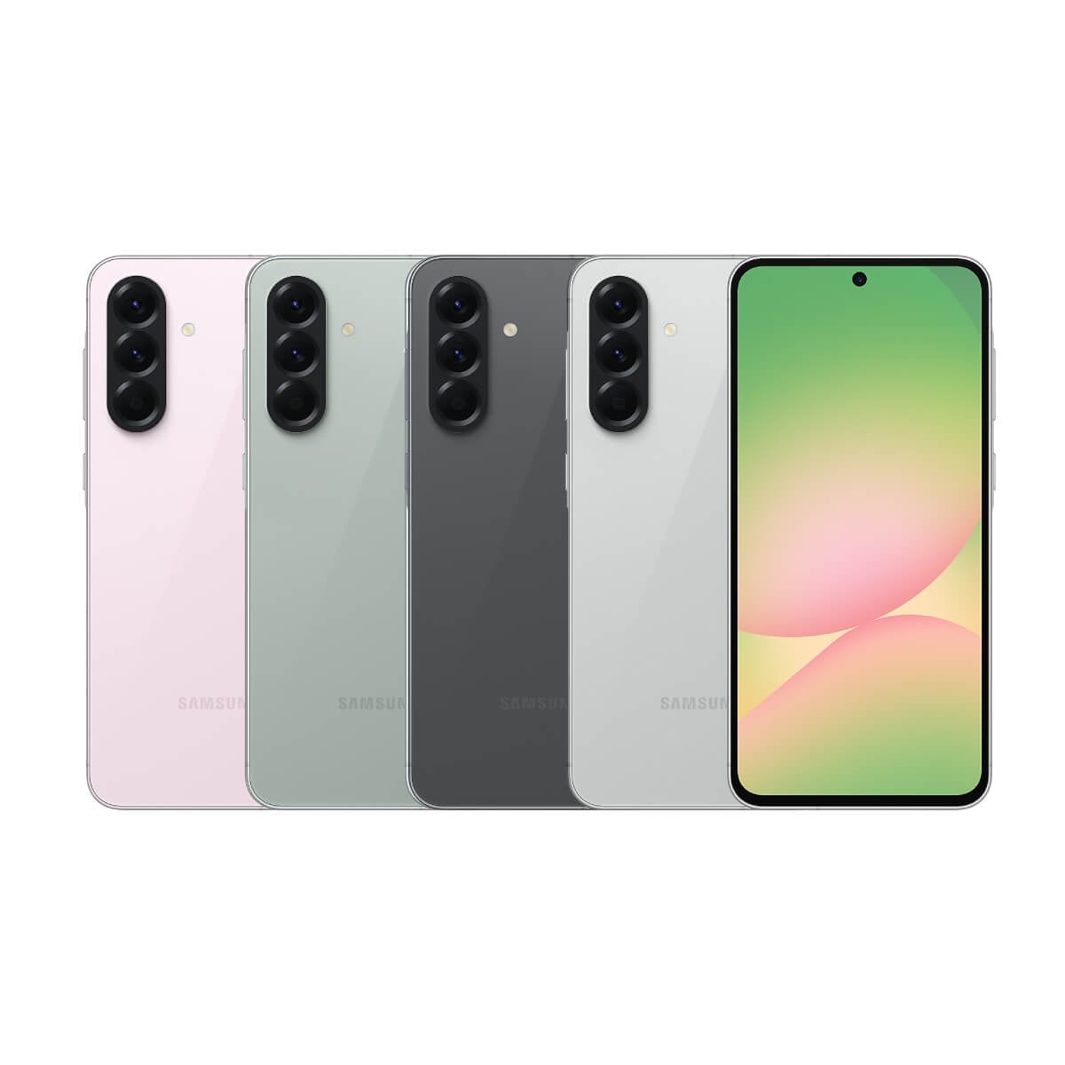 SAMSUNG Galaxy A56 5G (12G/256G) 智慧型手機，粉、綠、黑、白四色機身與正面螢幕。