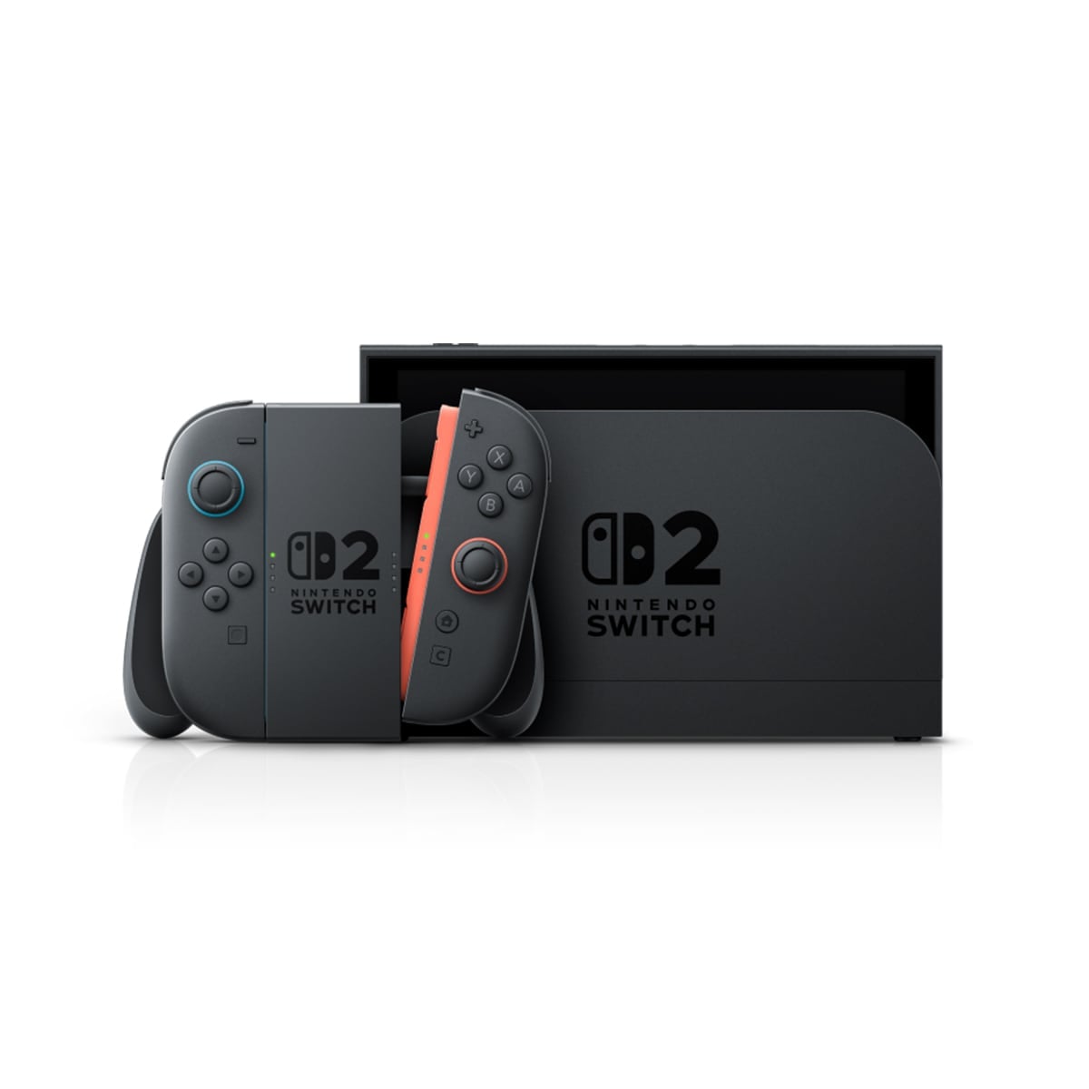 任天堂 Nintendo Switch 2 主機展示圖，黑色主機與底座，左右 Joy-Con 控制器，正面顯示 Switch 2 標誌