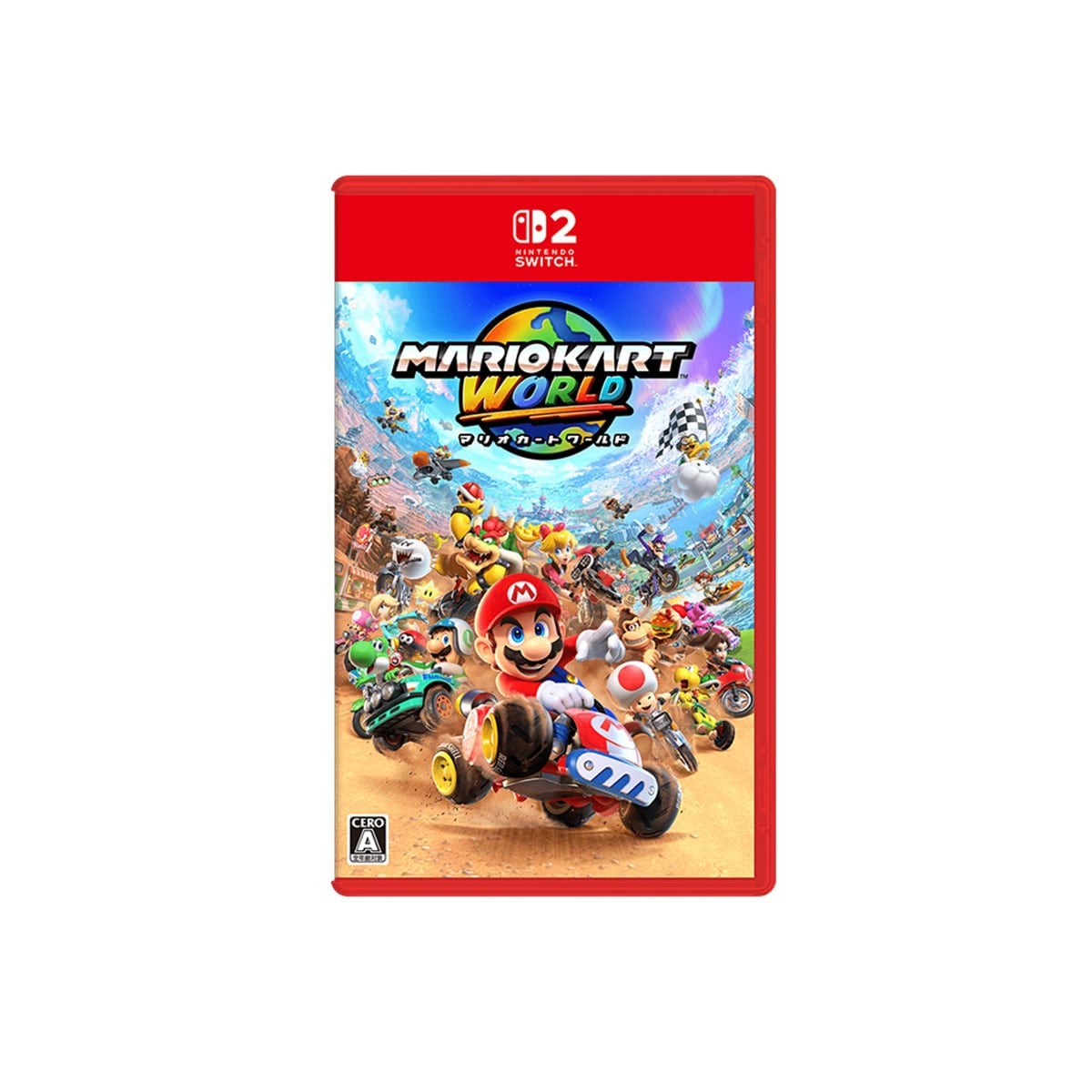 任天堂 Switch 2 遊戲《Mario Kart World》卡帶封面，瑪利歐與多名角色賽車場景插畫