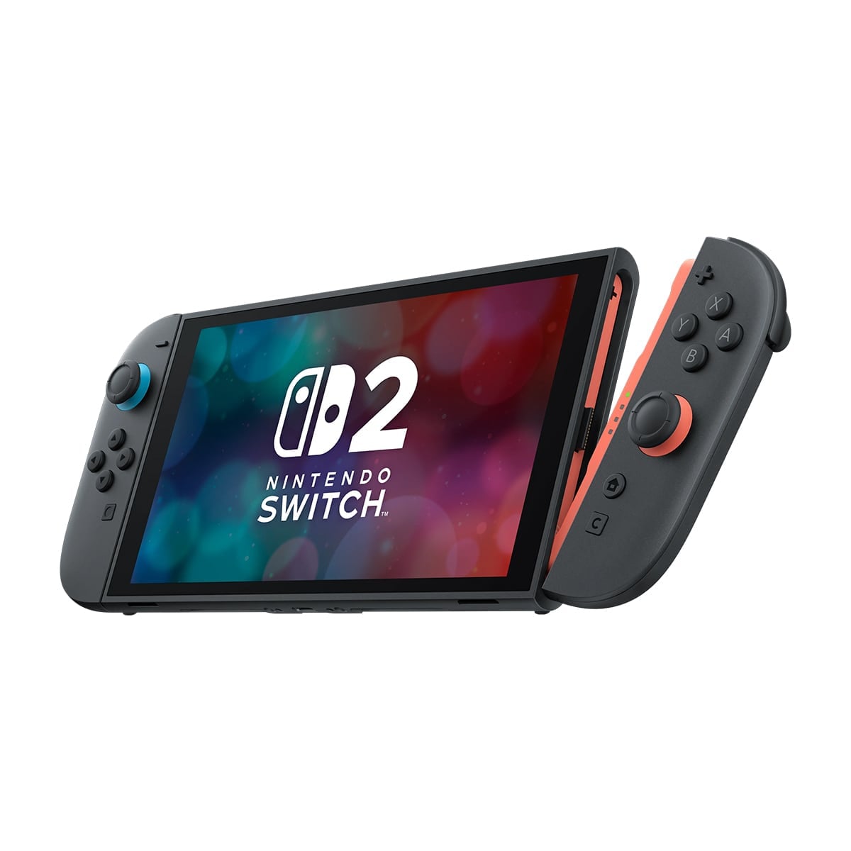 任天堂 Nintendo Switch 2 主機手持模式展示圖，黑色機身，Joy-Con 分離安裝，螢幕顯示 Switch 2 標誌
