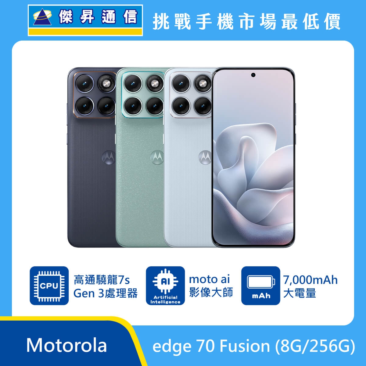 Motorola edge 70 Fusion (8G/256G) 手機展示圖，深藍、綠與紫藍機身正反面排列，標示高通驍龍 7s Gen 3 處理器、moto ai 影像大師、7000mAh 大電量