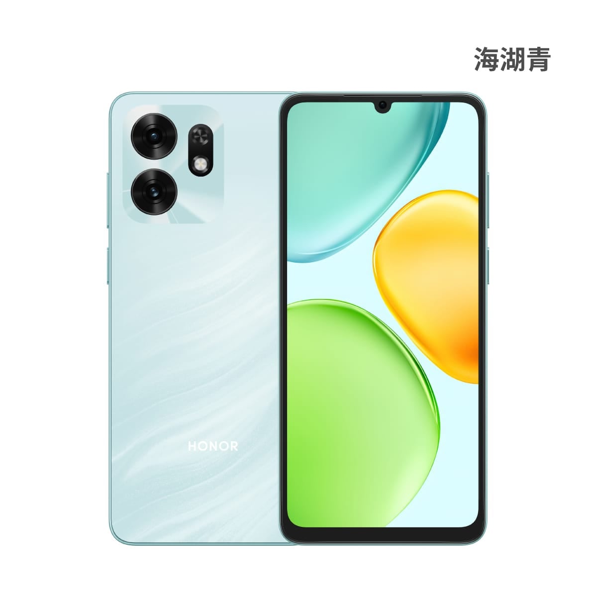 HONOR X6d (8G/256G) 手機展示圖，海湖青色正反面外觀圖