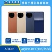 SHARP AQUOS R11 (12G/256G) 手機展示圖，橘色、白色與藍色機身正反面排列，標示 Leica監修專業相機系統、峰值亮度 3600nit、全新大型超導熱板