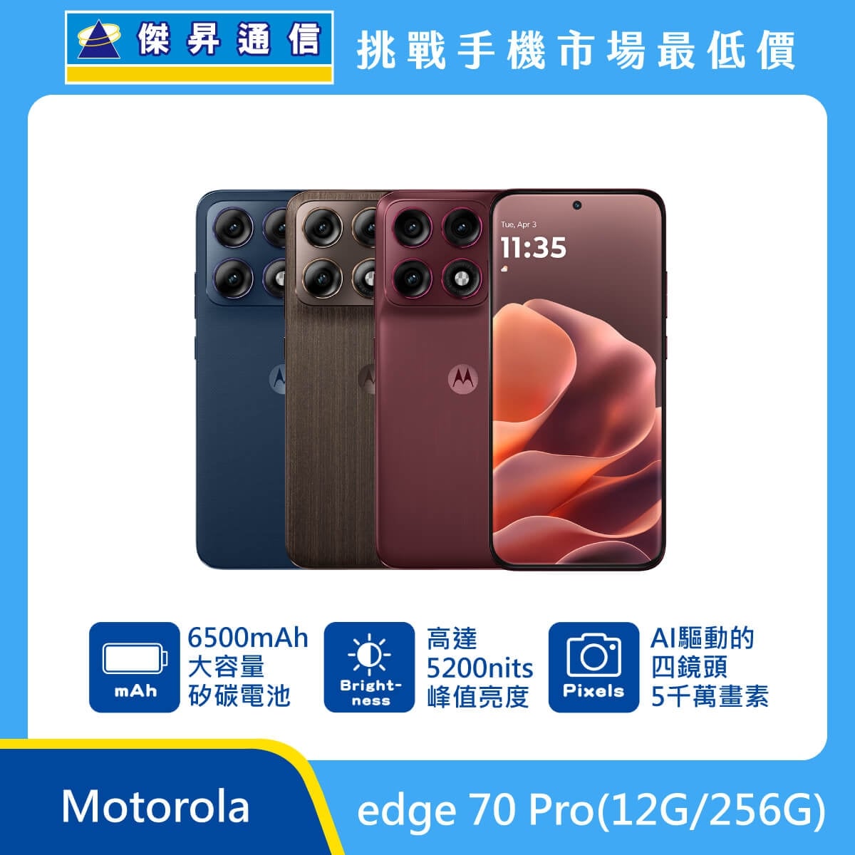 Motorola edge 70 Pro (12G/256G) 手機展示圖，綢紅、藍織與木紋機身正反面排列，標示 6500mAh 矽碳電池、5200nits 峰值亮度、AI 驅動四鏡頭5000萬畫素