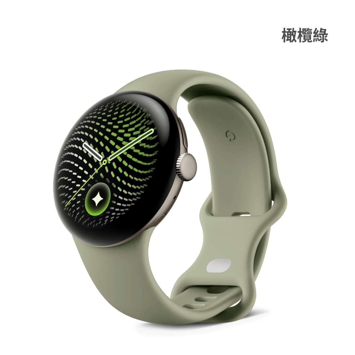 Google Pixel Watch 5 (45mm) Wi-Fi版智慧手錶展示圖，橄欖綠色正面外觀圖