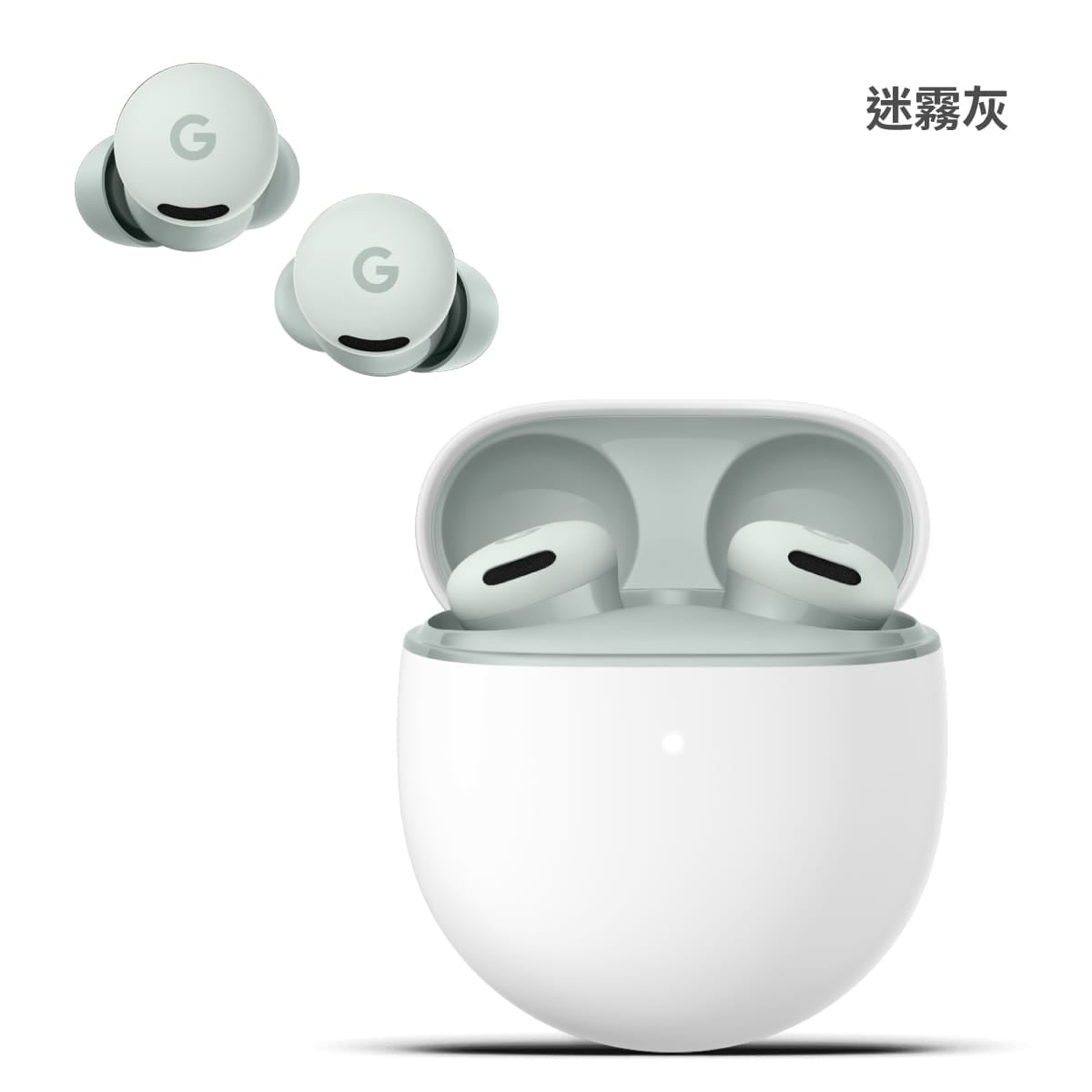 Google Pixel Buds 2a 真無線耳機展示圖，迷霧灰色耳機含充電殼外觀圖