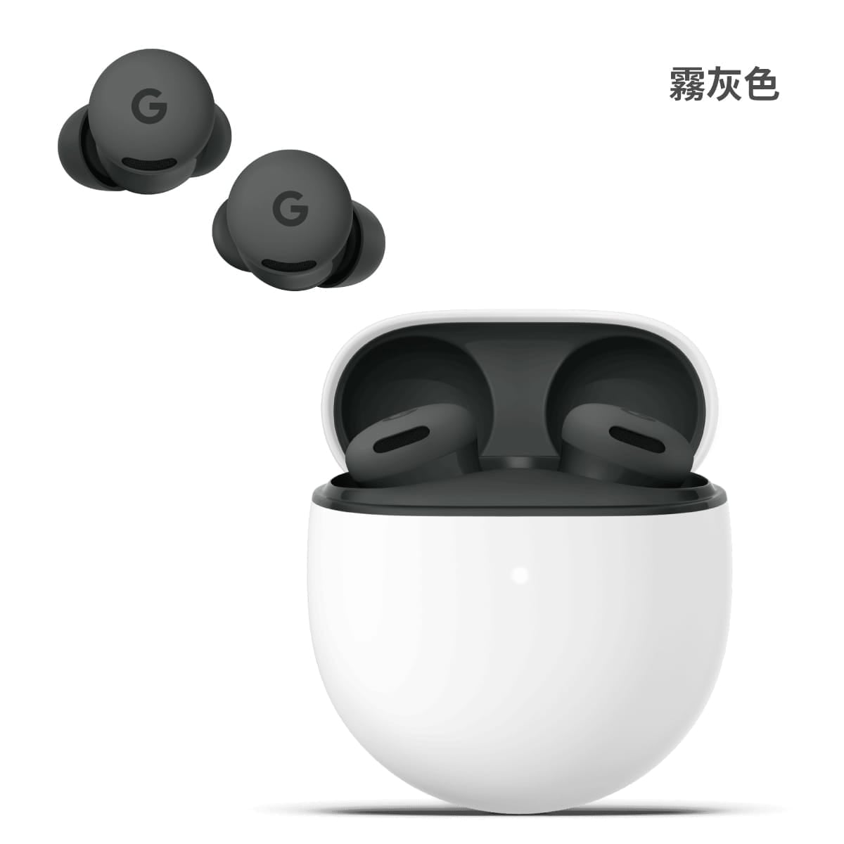 Google Pixel Buds 2a 真無線耳機展示圖，霧灰色色耳機含充電殼外觀圖