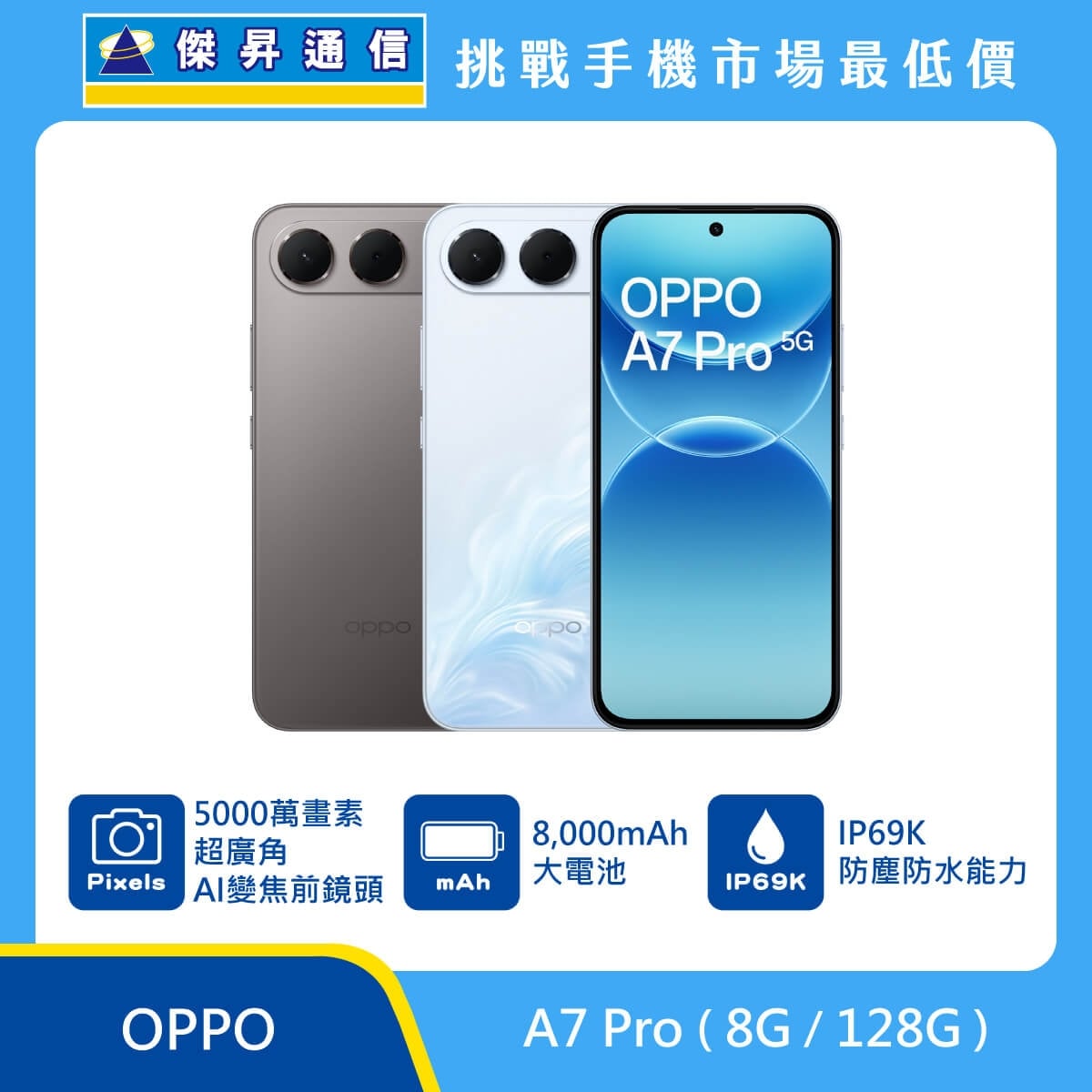 OPPO A7 Pro 5G (8G/128G) 手機展示圖，灰色與淺藍機身正反面排列，標示5000萬畫素超廣角AI變焦前鏡頭、8000mAh大電池、IP69K防塵防水能力