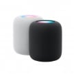 Apple HomePod (第2代) 智慧音箱展示圖，白色與深色網狀圓柱機身並排，頂部顯示彩色光圈觸控區，雙色外觀對比呈現