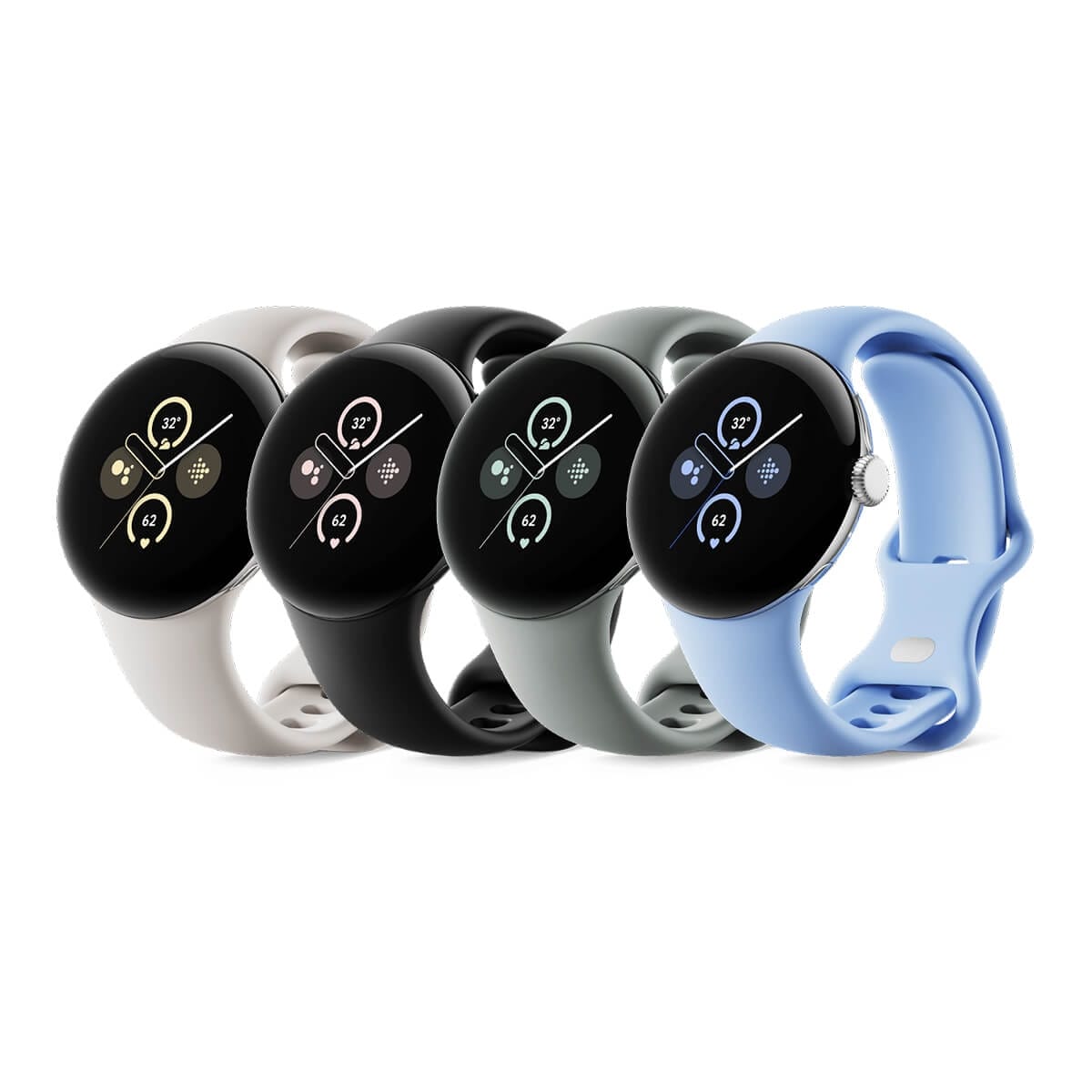 Google Pixel Watch 智慧手錶，銀色、黑色、金色四種款式。
