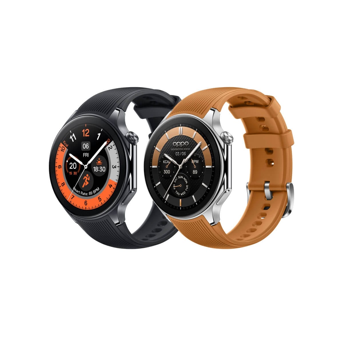 OPPO Watch X 智慧手錶產品圖，黑色與棕色錶帶雙款外觀圖